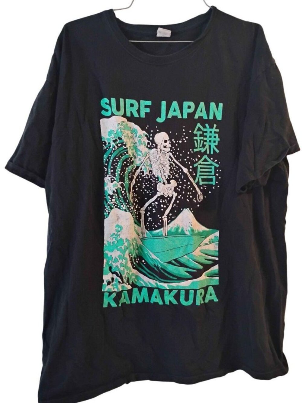 Black Turquoise Skeleton Surfing Graphic T-Shirt